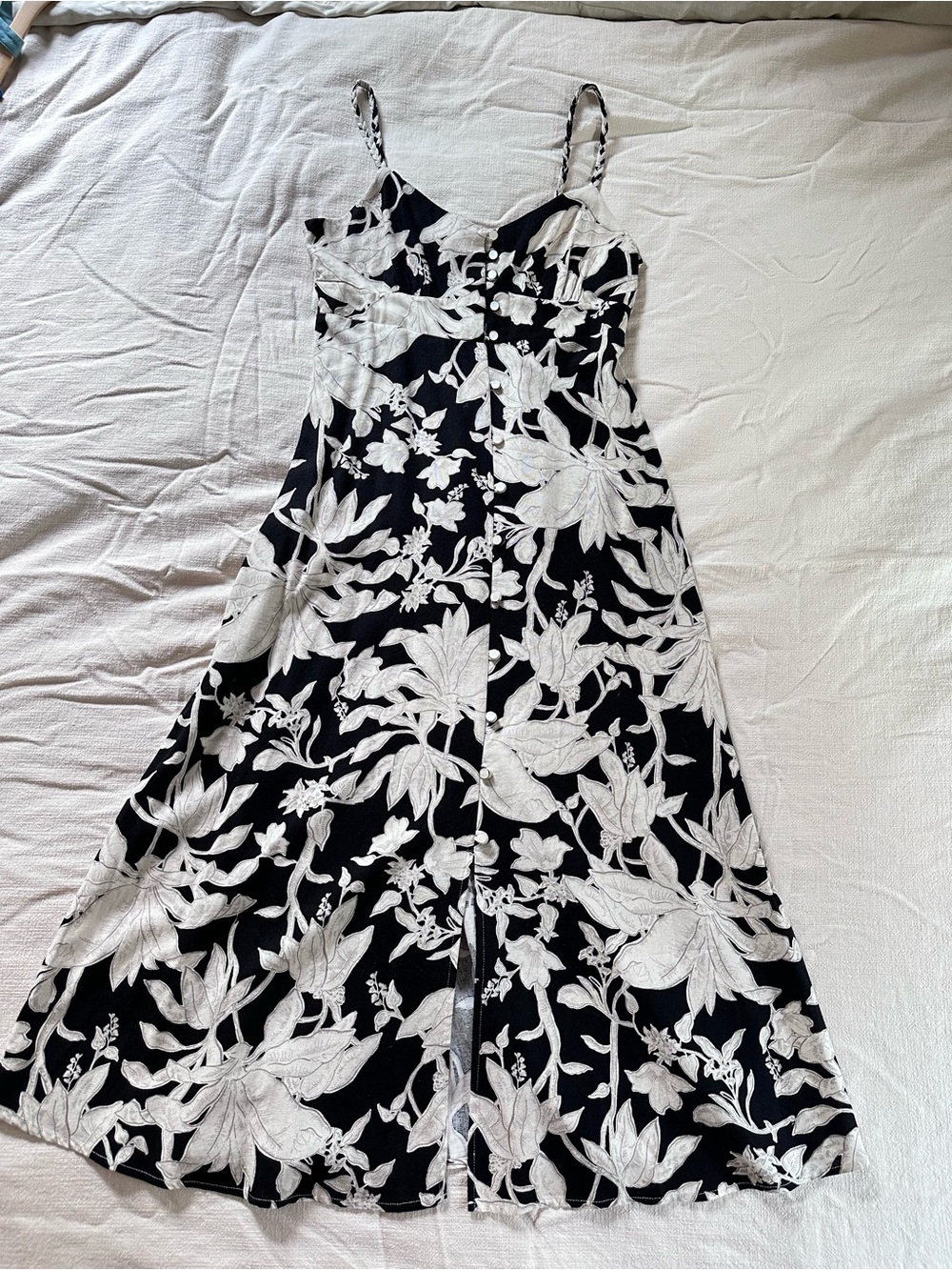 Black and White Floral Midi Dress with Spaghetti Straps
